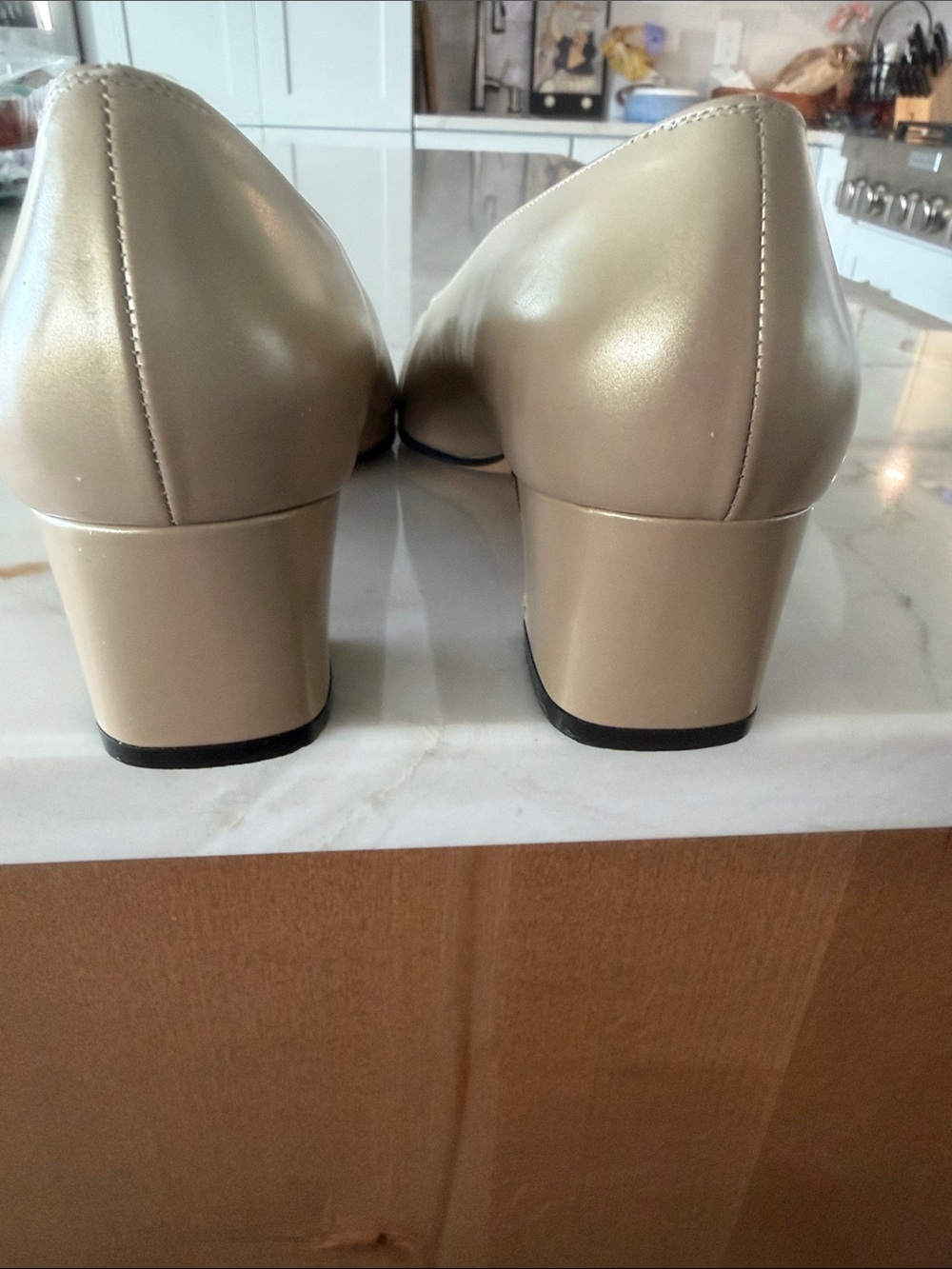 Salvatore Ferragamo Soft Gold/Beige Leather Square-Toe Block Heel Pumps - Picture 5 of 10